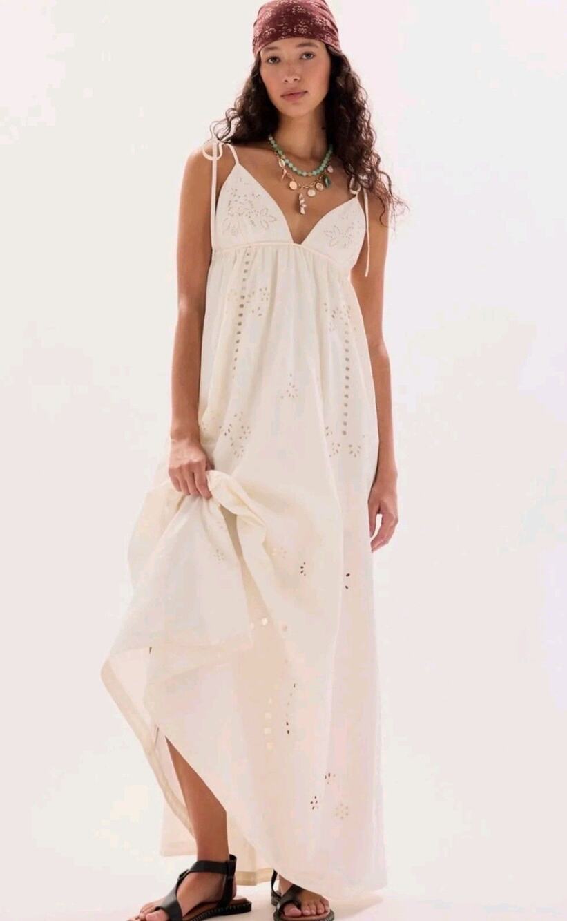 Large Free People NWT Sorrento Stroll Cutwork Maxi Dress Sugar Swizzle White